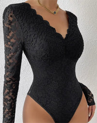 Thumbnail for Body en Dentelle Noir - Noir Manche Longue / XS - Body Dentelle