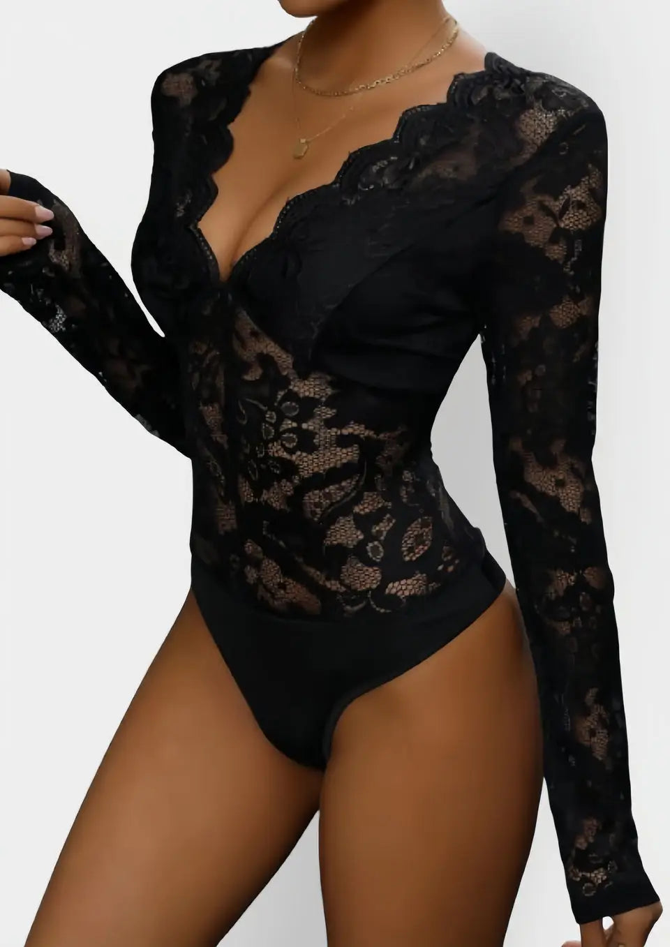 Body en Dentelle Noir Manches Longues - S - Body Dentelle