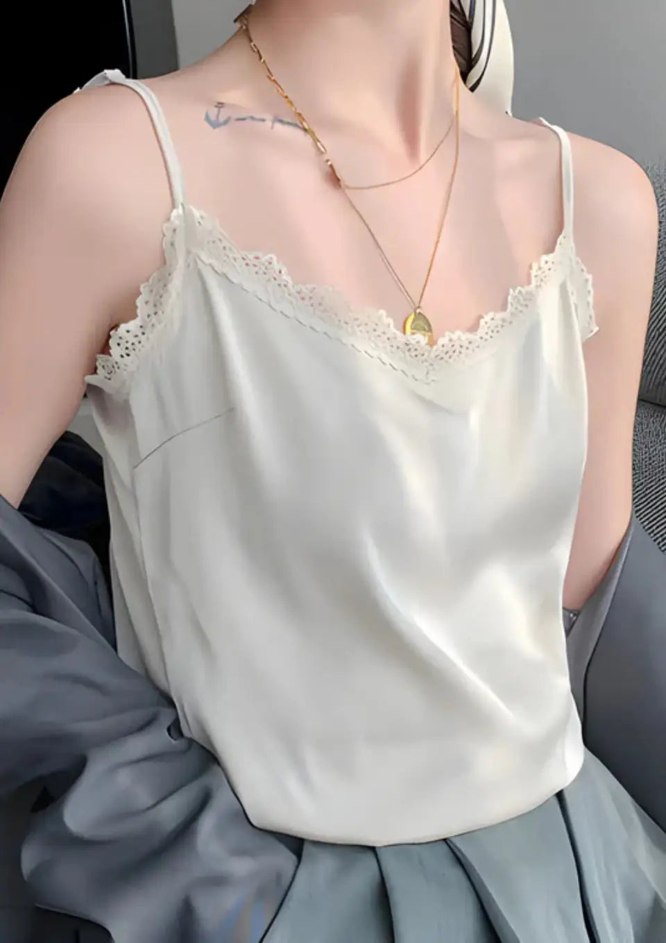 Caraco en Satin et Dentelle Blanc - XXL - Top Dentelle