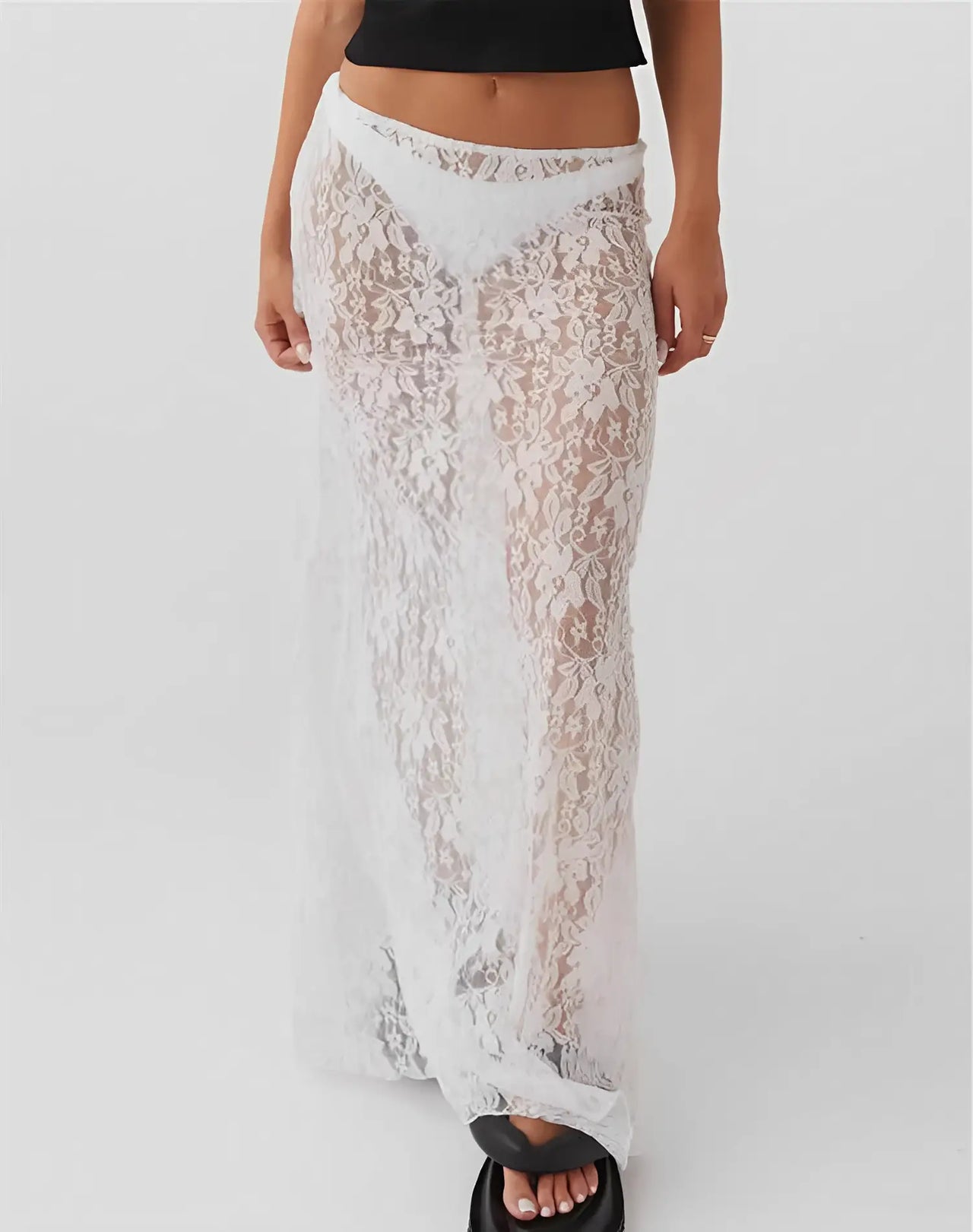 Jupe Longue en Dentelle Transparente - Blanc / S - Jupe en Dentelle