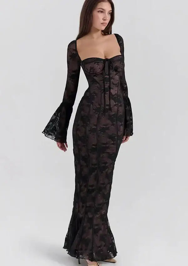 Longue Robe Dentelle Noire - M - Robe en Dentelle