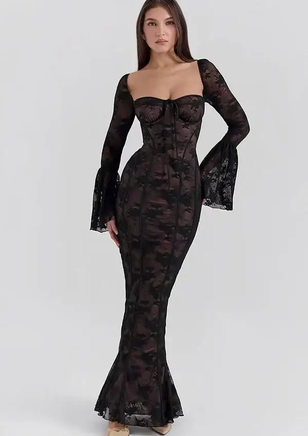 Longue Robe Dentelle Noire - S - Robe en Dentelle