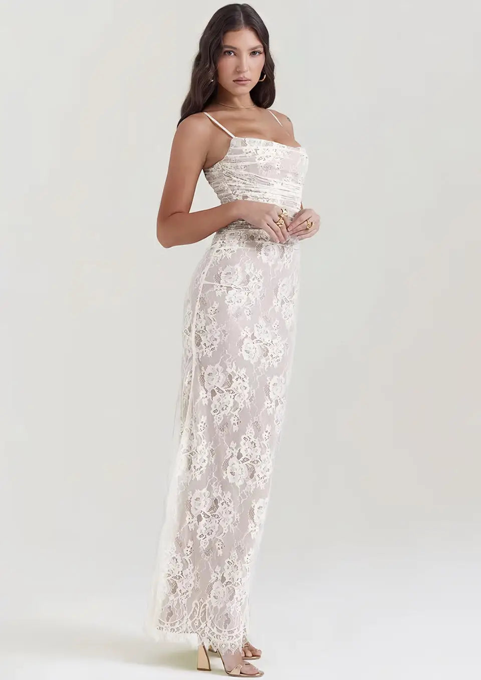 Robe Blanche Longue en Dentelle - M - Robe en Dentelle