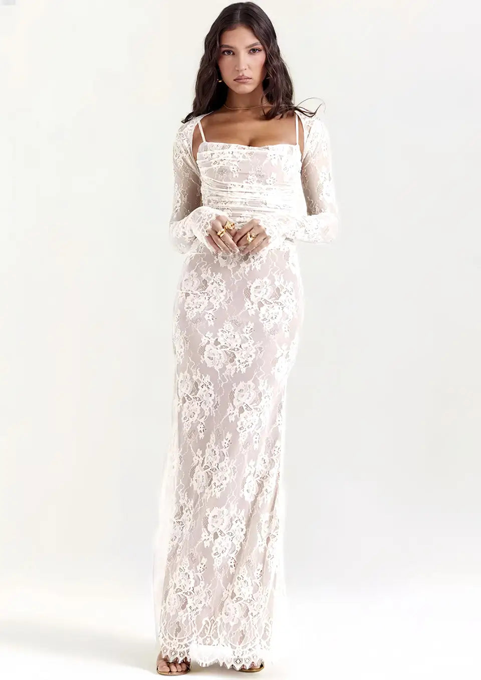 Robe Blanche Longue en Dentelle - S - Robe en Dentelle