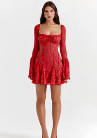 Thumbnail for Robe Courte Dentelle Rouge - L - Robe en Dentelle