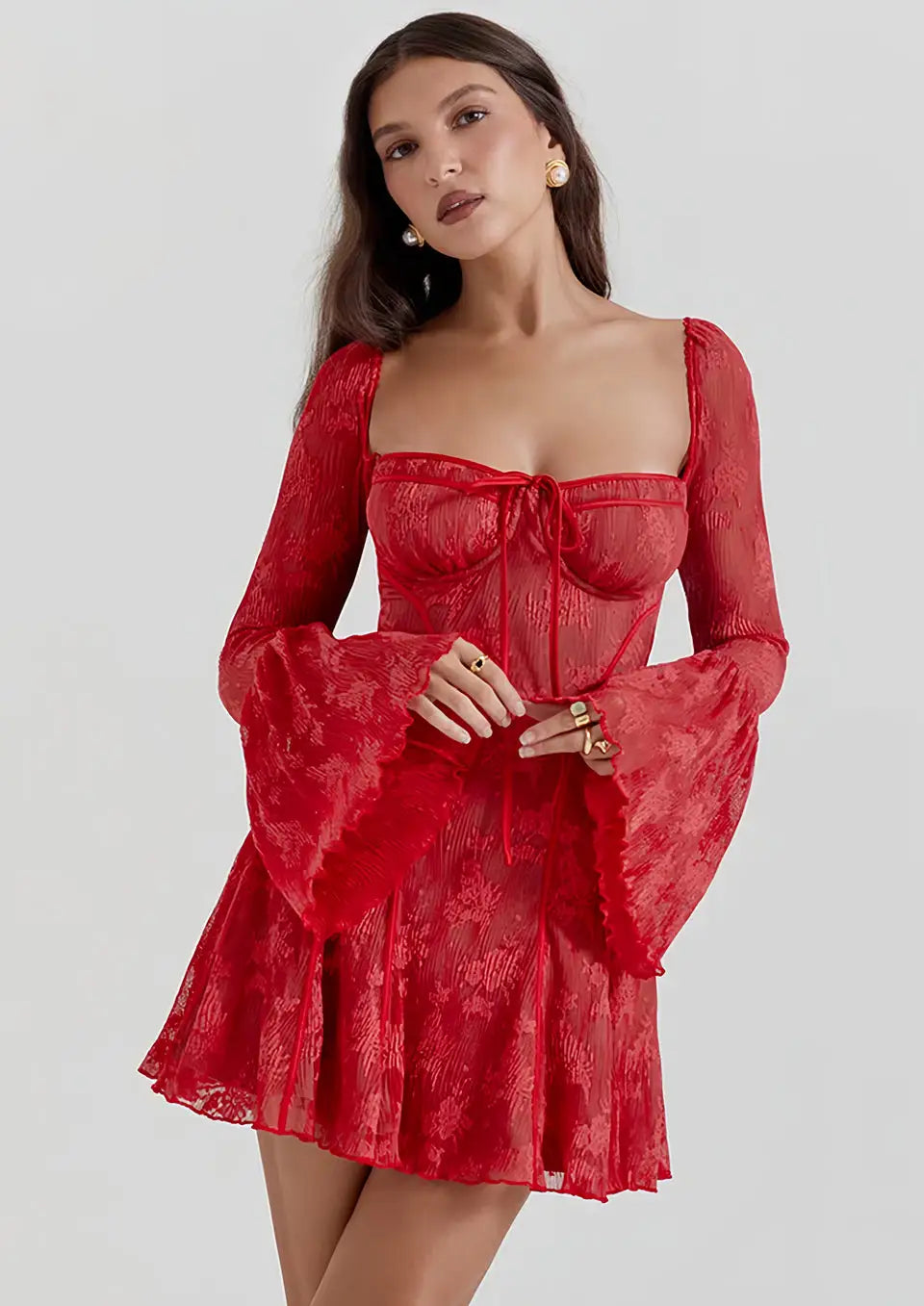 Robe Courte Dentelle Rouge - S - Robe en Dentelle