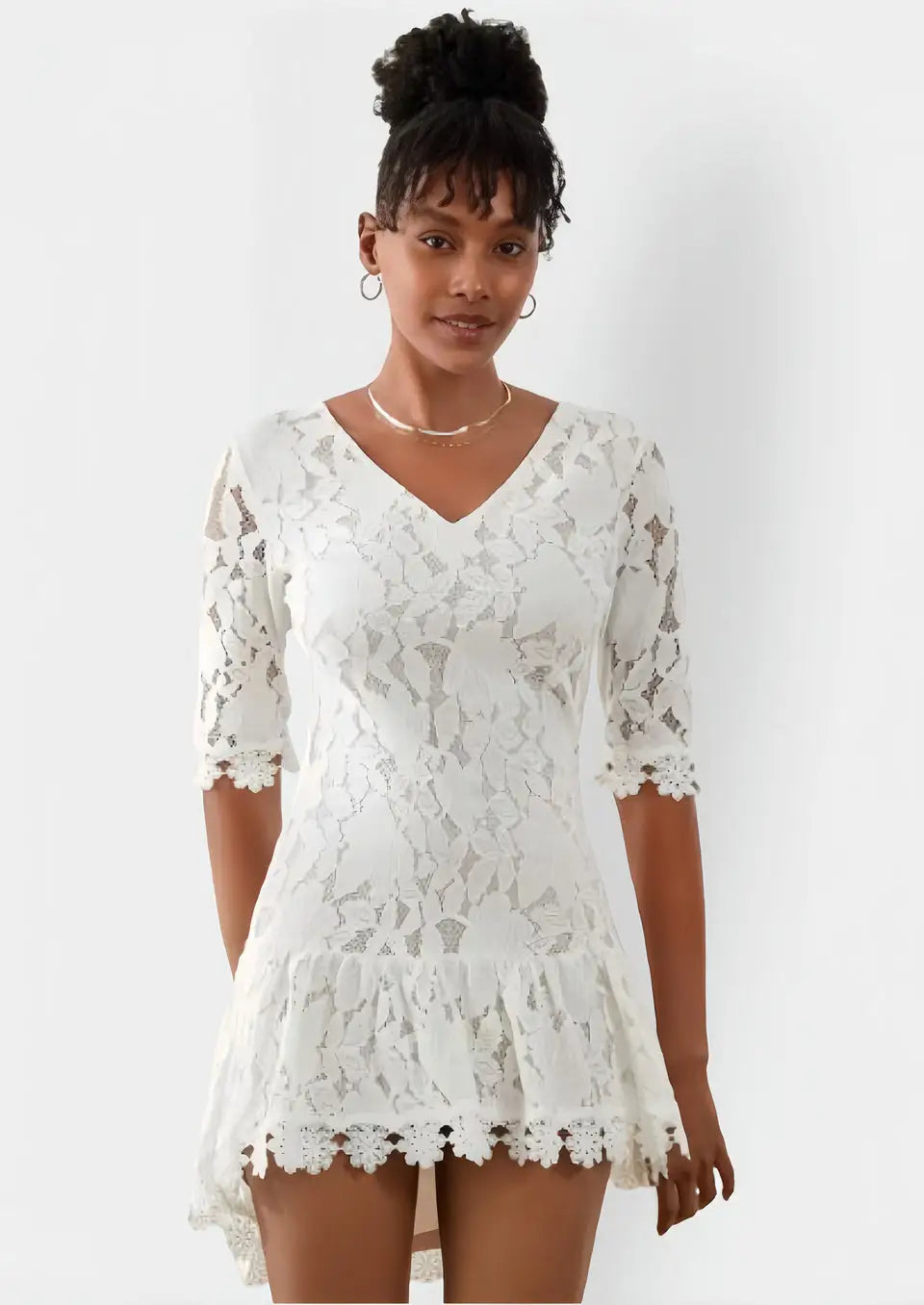 Robe de Soirée en Dentelle Blanche à Manches Courtes - S - Robe en Dentelle