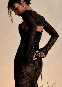 Thumbnail for Robe noire longue en dentelle - Robe en Dentelle